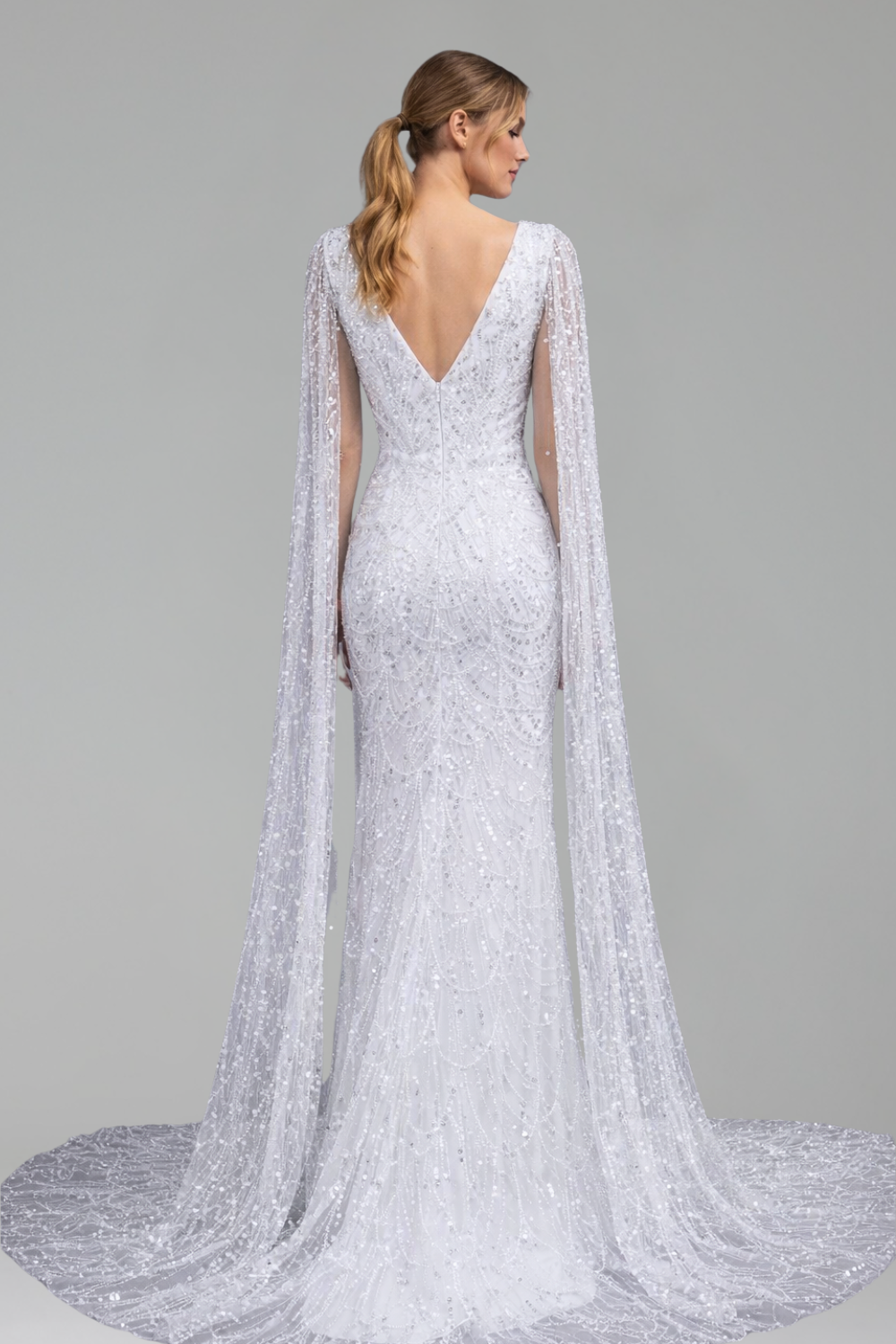 Pearl Beaded Cape Sleeve Dress - LAROSABRIDE