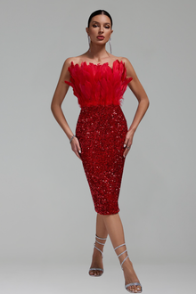 Feather-Trim Sequin Midi Dress-Larosabride