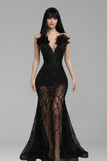 Feather Beaded Sheer Mermaid Dress - LAROSABRIDE