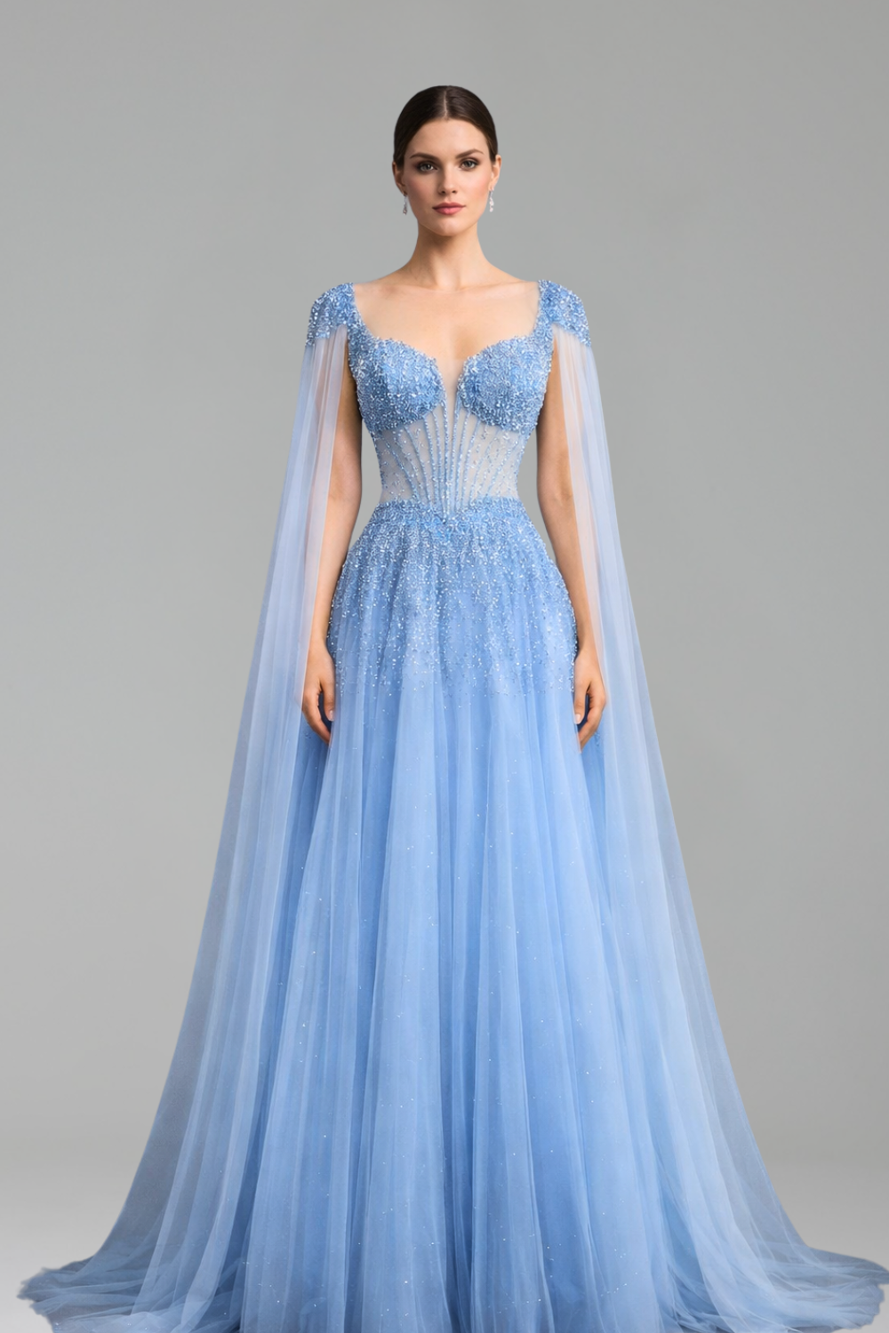 Beaded A-Line Cape Sleeve Gown - LAROSABRIDE