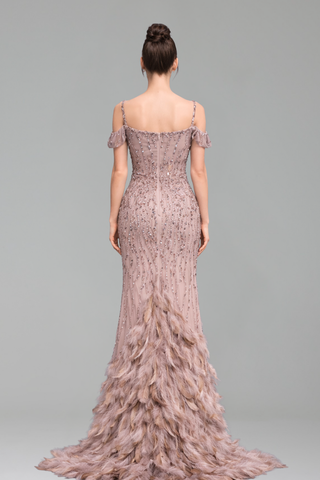Feather Beaded Split Mermaid Gown