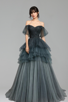 Off Shoulder A Line Tiered Tulle - LAROSABRIDE