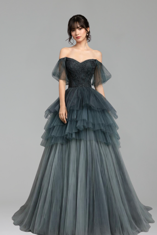 Off Shoulder A Line Tiered Tulle