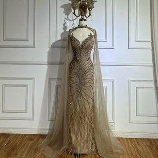 Ships in 2 to 5 Days -Caramel Beaded Feathered Mermaid Evening Dress with Detachable Cape Sleeves – Gown for Formal Occasions