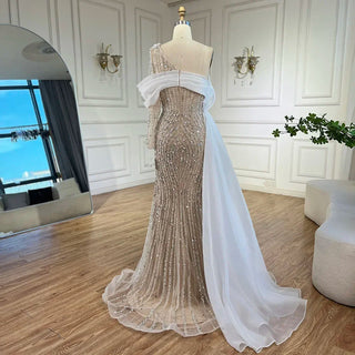 Draped Beaded One-Shoulder Gown