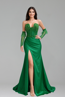 Beaded Strapless Split Sleeve Gown - LAROSABRIDE