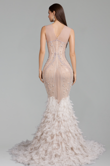 Feather Hem Embellished Mermaid Gown - LAROSABRIDE