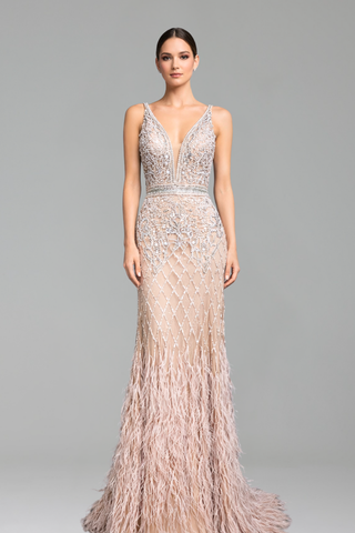 Feather Beaded Mermaid Gown - LAROSABRIDE