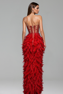 Strapless Embroidered Feather High-Slit Dress - LAROSABRIDE