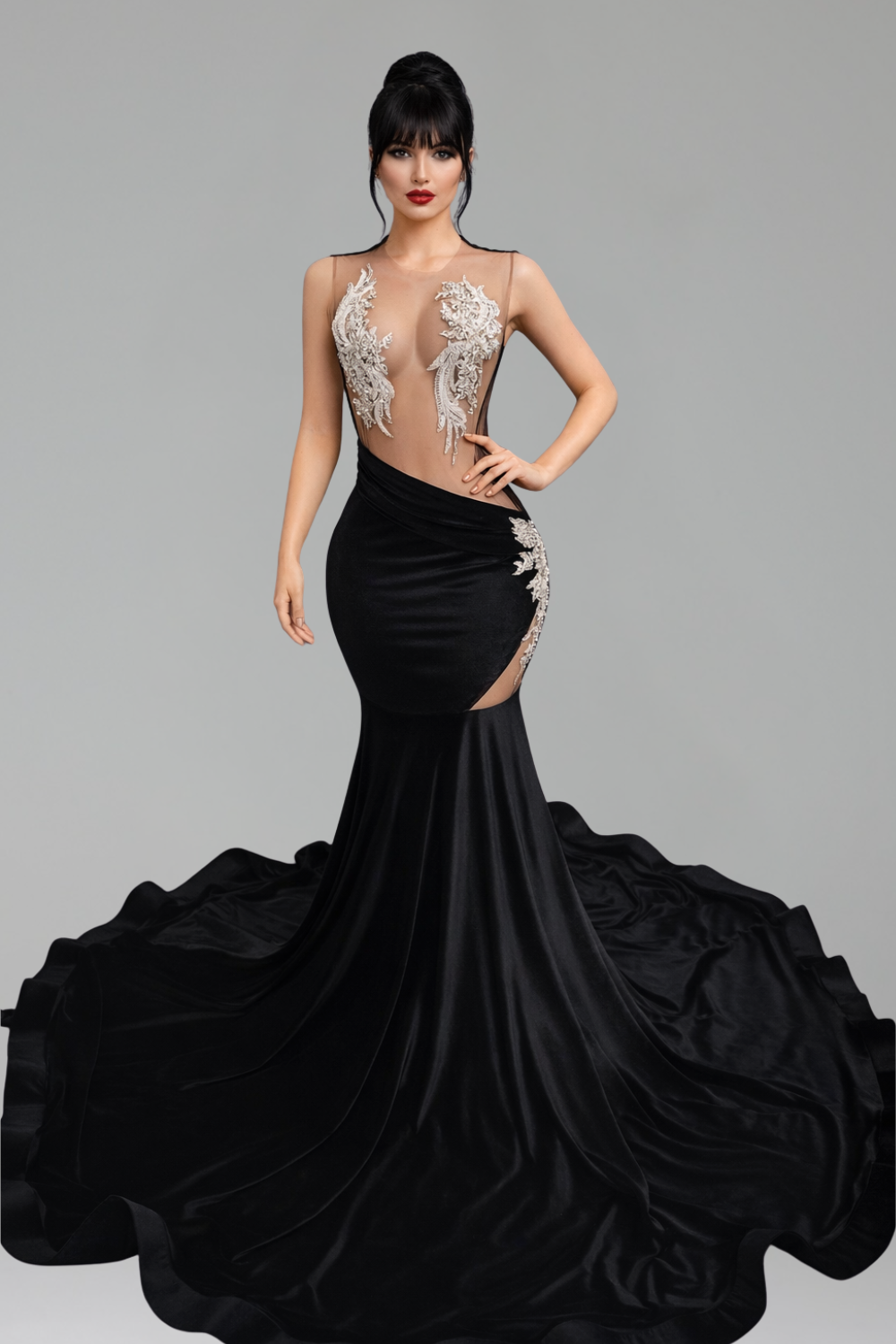 Embellished Sheer Cutout Mermaid Gown - LAROSABRIDE