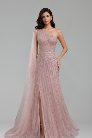 One Shoulder Beaded Evening Dress - LAROSABRIDE
