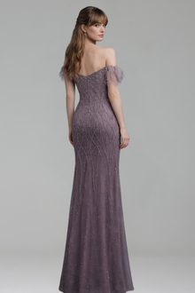 Beaded Feather Mermaid Evening Gown - LAROSABRIDE
