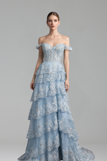 Spaghetti Strap Tiered Beaded Slit Dress-Larosabride