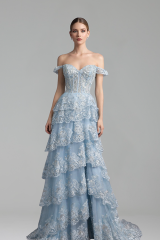 Spaghetti Strap Tiered Beaded Slit Dress