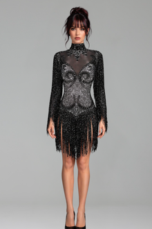 Fringed Crystal Embellished Illusion Mini Dress - LAROSABRIDE