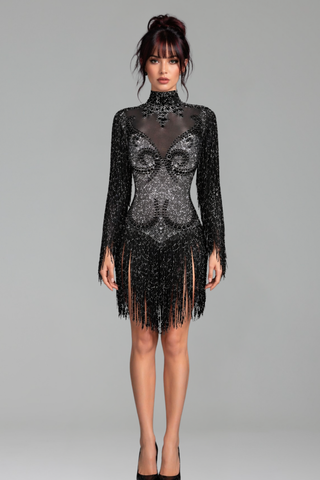 Fringed Crystal Embellished Illusion Mini Dress - LAROSABRIDE