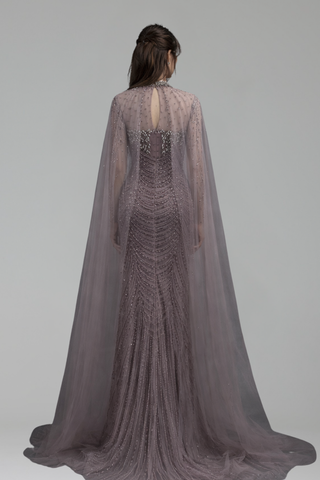 Beaded Cape Sleeve Gown