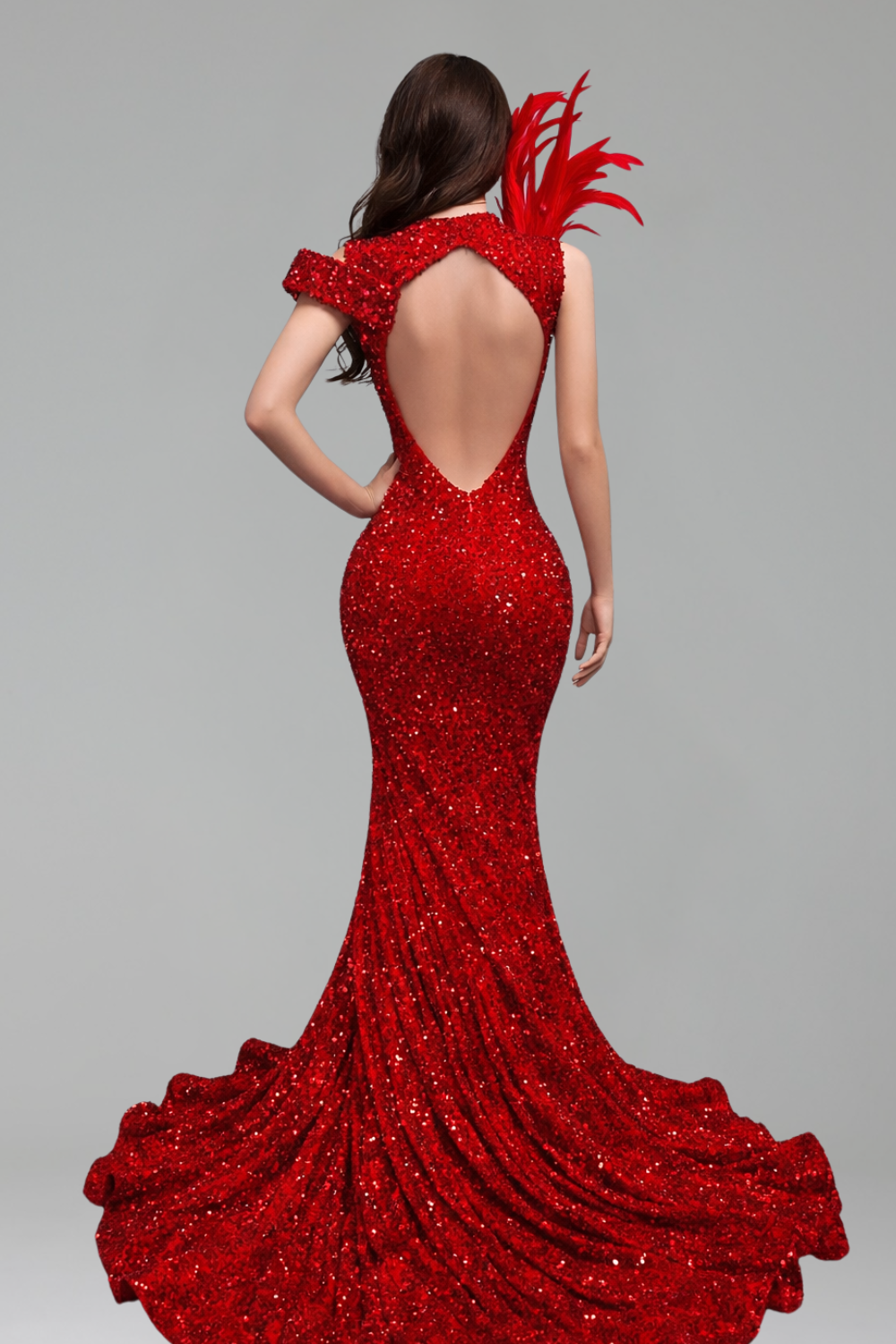 Sequin Feather Cutout Mermaid Dress - LAROSABRIDE