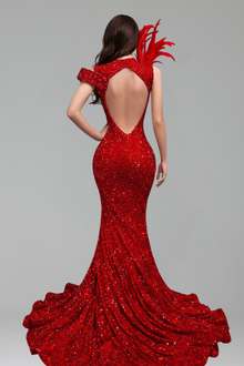Sequin Feather Cutout Mermaid Dress - LAROSABRIDE
