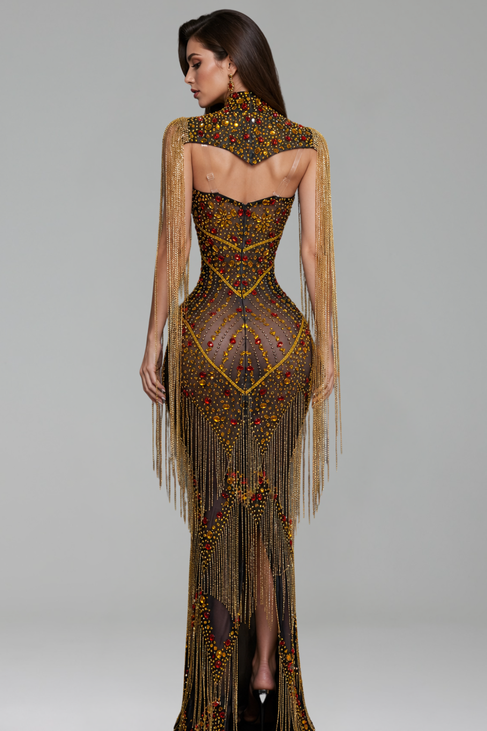Crystal High-Neck Fringe Gown - LAROSABRIDE