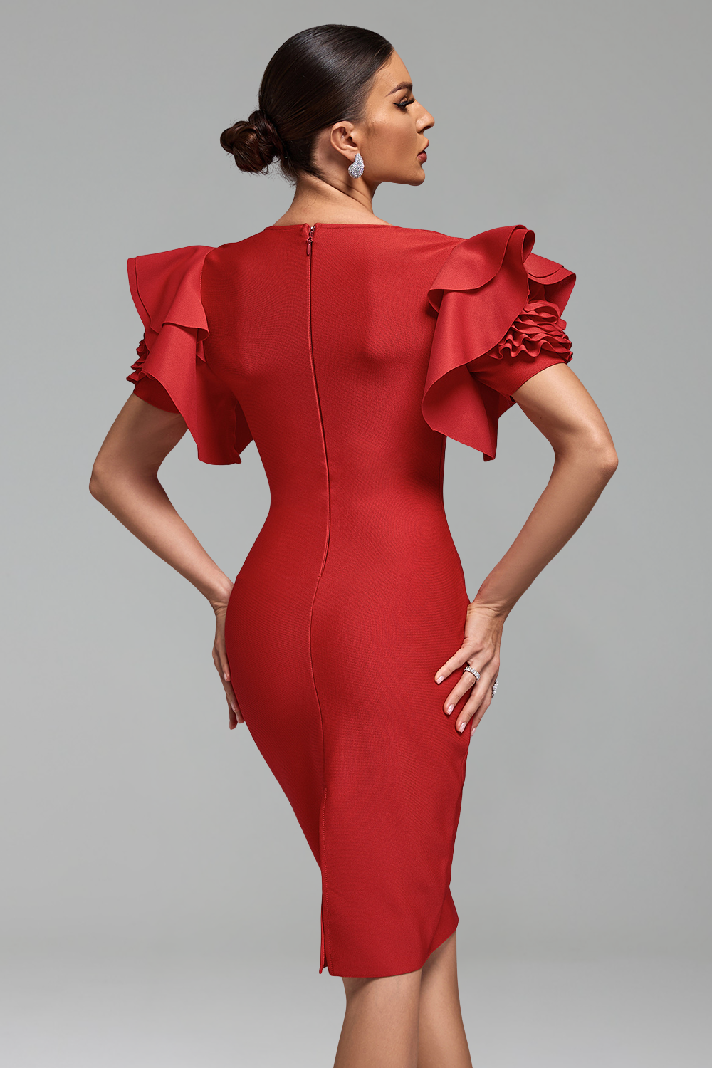 Ruffled-Sleeve Red Midi-Larosabride
