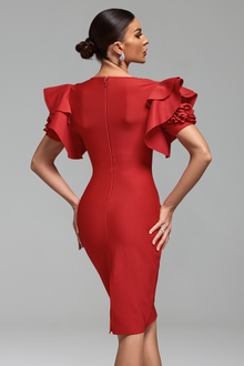 Ruffled-Sleeve Red Midi-Larosabride