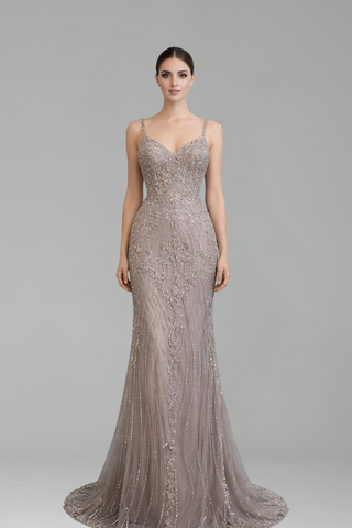 Beaded Spaghetti Strap Mermaid Gown - LAROSABRIDE