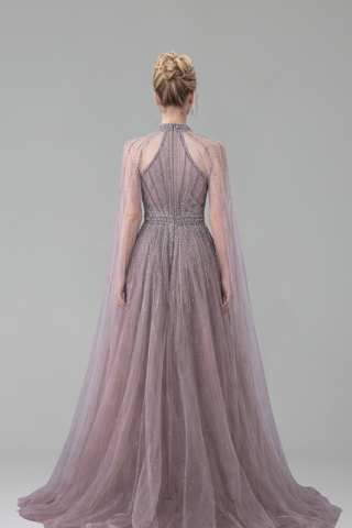 Crystal Beaded A-Line Cape Dress - LAROSABRIDE