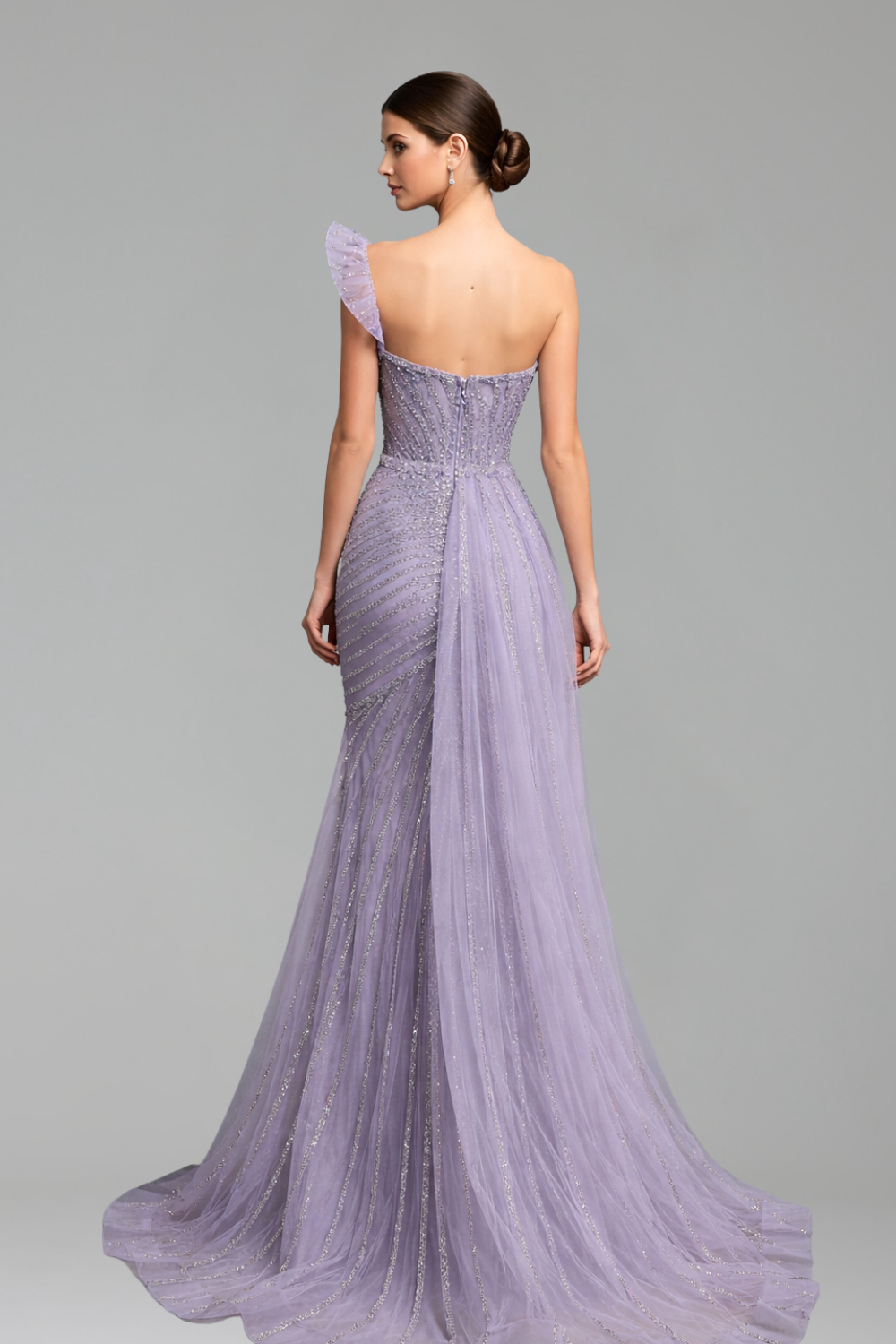 One-Shoulder Beaded Split Mermaid Dress-Larosabride