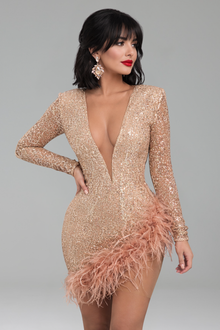 Long Sleeve Plunge Sequin Feather Hem Dress - LAROSABRIDE