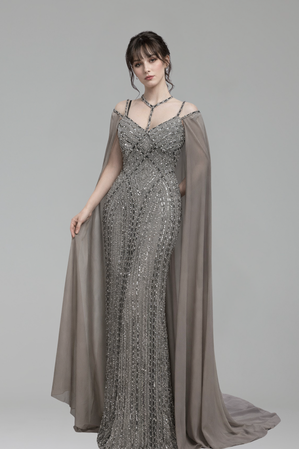 Cape-Sleeve Beaded Mermaid Dress - LAROSABRIDE