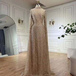 Ships in 2 to 5 Days - 2025 Muslim Nude Mermaid Cape Sleeves Luxury Dubai Evening Gown Pearls Beaded Dress for Women's Party