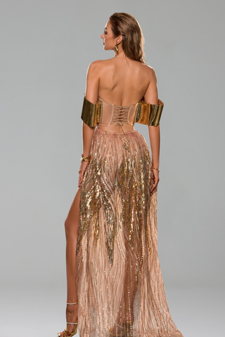 Off-Shoulder Crystal Sheer Gown
