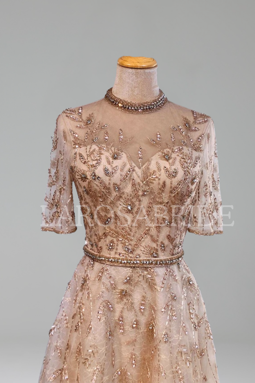 Half-Sleeve Beaded Sparkle A-Line Dress-Larosabride