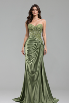 Satin Lace Beaded Slit Gown - LAROSABRIDE