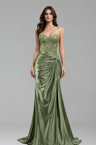 Satin Lace Beaded Slit Gown - LAROSABRIDE