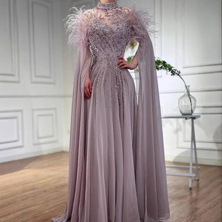 Ships in 2 to 5 Days - Feather-Trimmed High Neck Beaded A-Line Evening Gown with Sheer Cape Sleeves