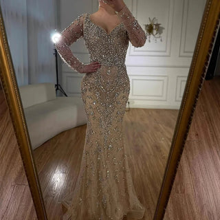 Ships in 2 to 5 Days - Luxury Nude Crystal Beaded Mermaid Evening Gown with Long Sleeves – Designer Formal Dress