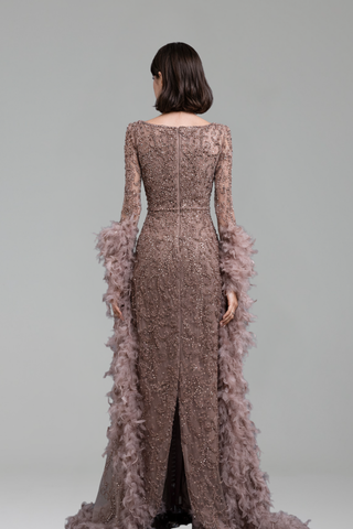 Feathered Beaded Mermaid Dress - LAROSABRIDE