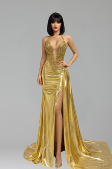 Gold Halter High Slit Gown - LAROSABRIDE