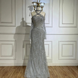 Ships in 2 to 5 Days - 2025 Arabic Gray Decorative Halter Mermaid Luxury Dubai Evening Gown Beaded Dress for Women's Party