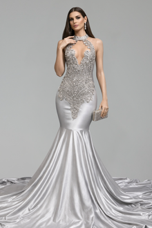 Halter Embellished Cape Mermaid Gown - LAROSABRIDE