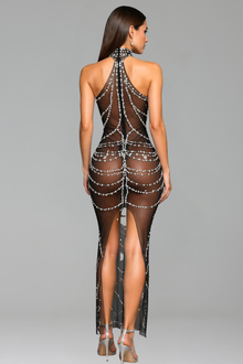 Crystal Draped Illusion Halter Gown - LAROSABRIDE