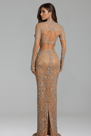 Ornate Crystal Fringe Illusion Gown
