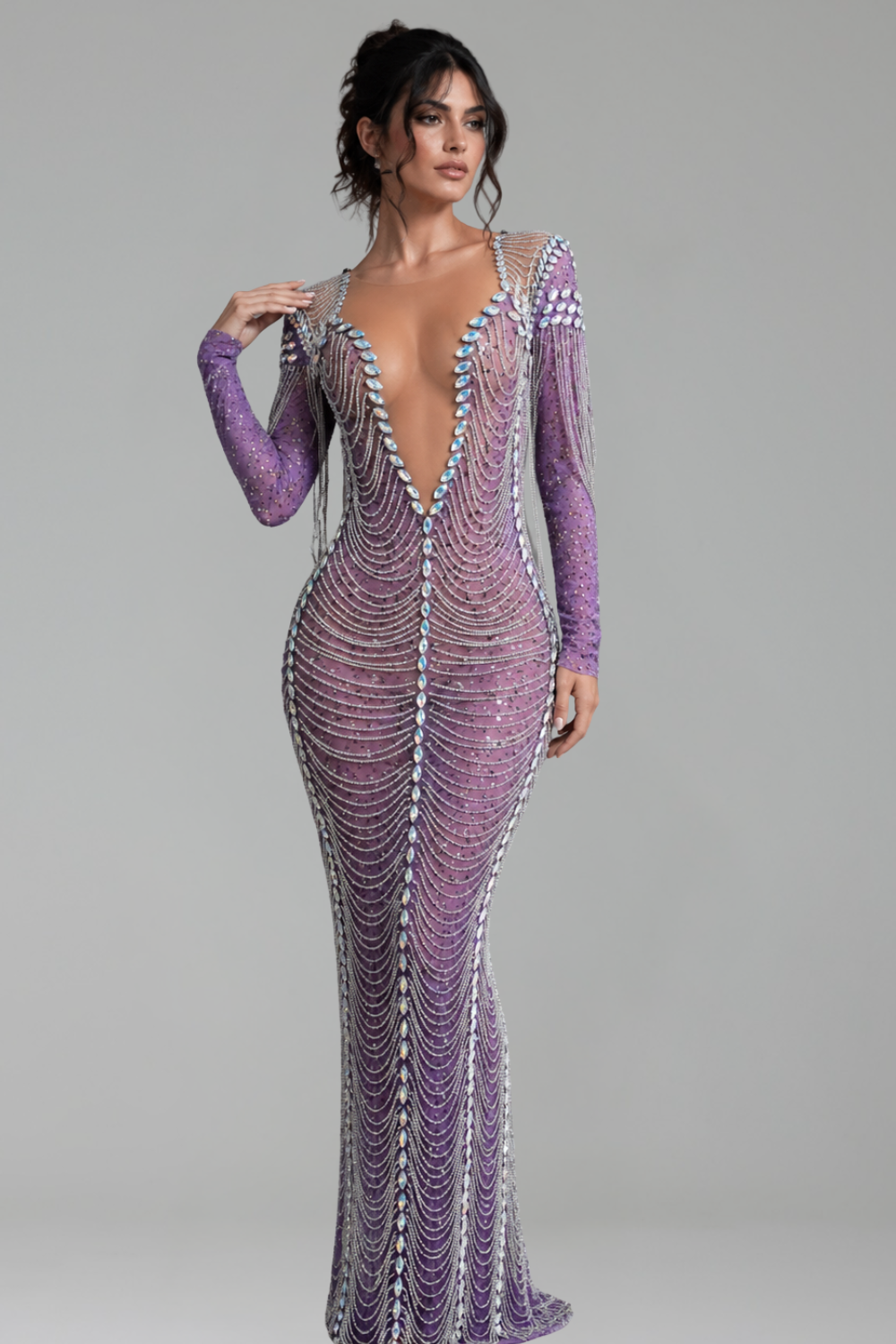 Illusion Deep V Crystal Chain Gown - LAROSABRIDE
