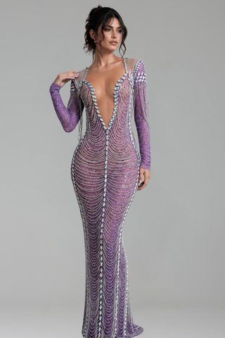Illusion Deep V Crystal Chain Gown - LAROSABRIDE