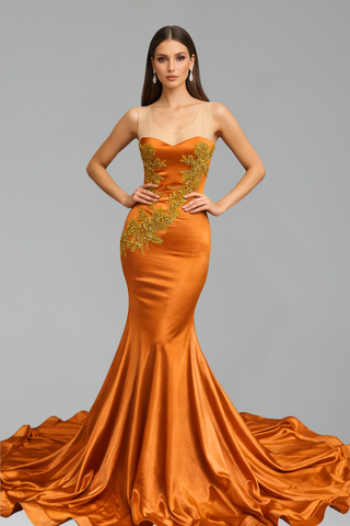 Embroidered Satin Mermaid Evening Gown