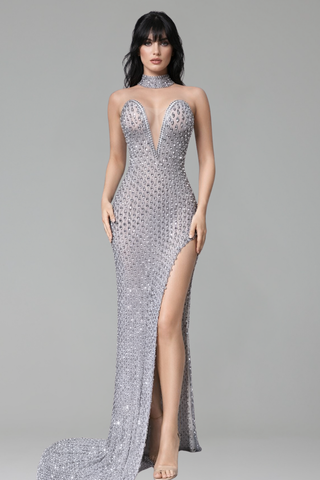 Crystal Halter Slit Gown with Train - LAROSABRIDE