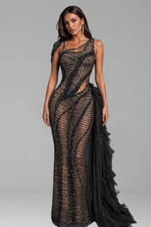 Sheer Beaded Cutout Gown - LAROSABRIDE
