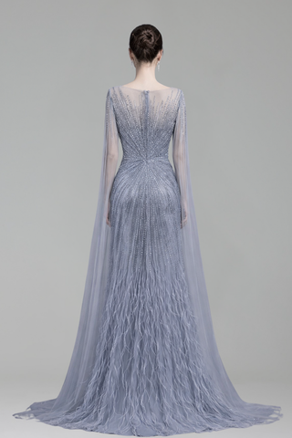 Feather Cape Sleeve Evening Dress